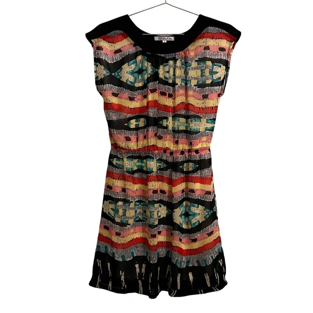Joy Joy Multi Color Print Black Trim Lightweight Mini Dress S